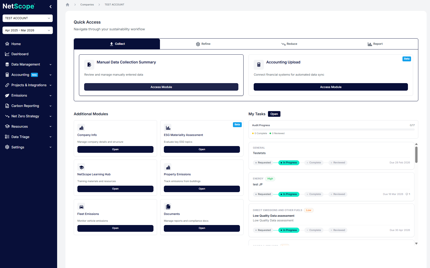 The NetScope Quick Access dashboard, with the Collect, Refine, Reduce and Report workflow tabs, module tiles for company info, property and fleet emissions, and an open task list showing audit progress