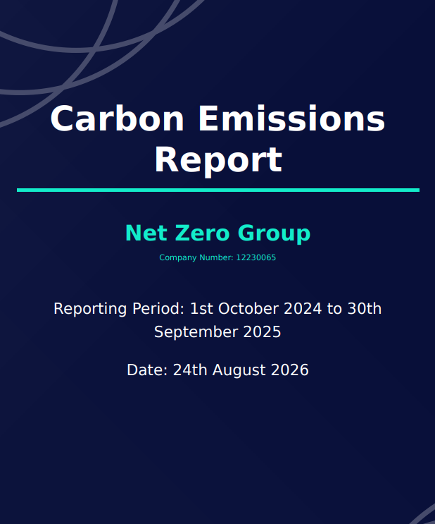 The cover page of a Carbon Emissions Report generated by NetScope, showing the organisation name, company number and the reporting period it covers